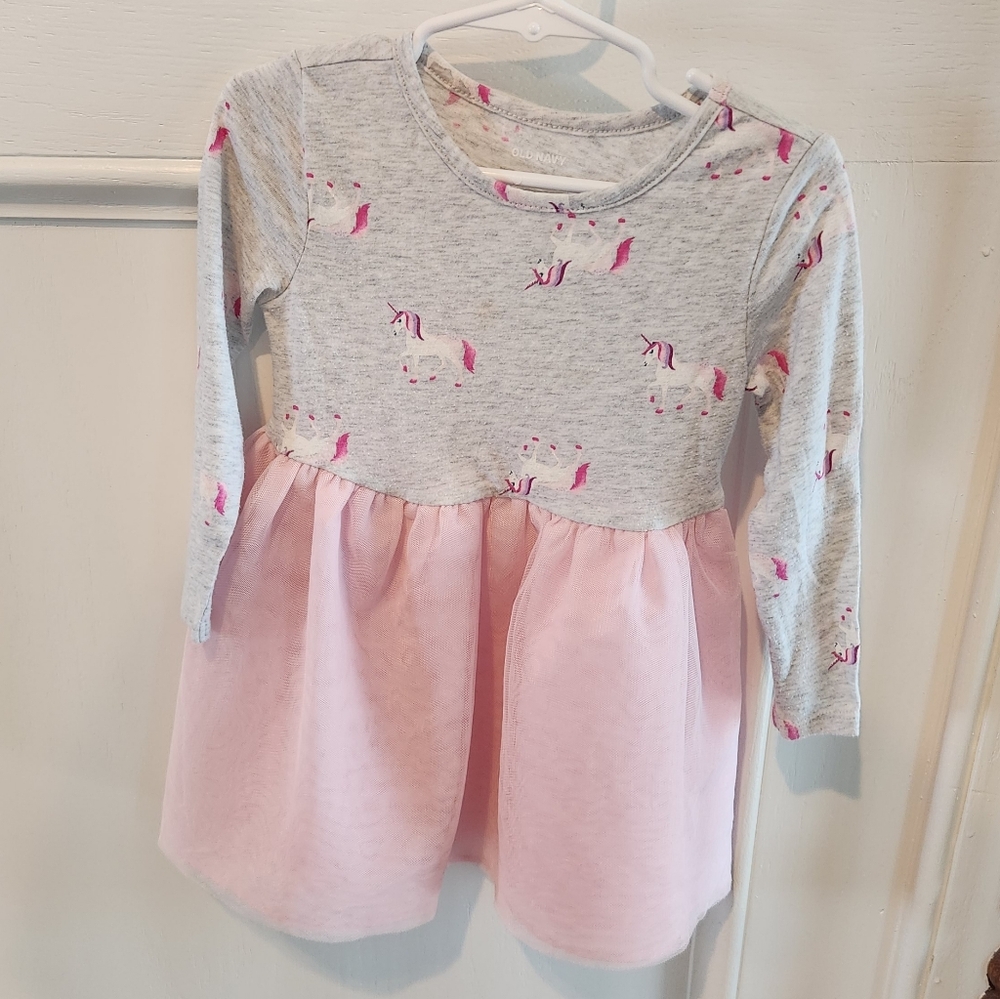 Old Navy Gray & Pink Unicorn Long-Sleeve Dress Top